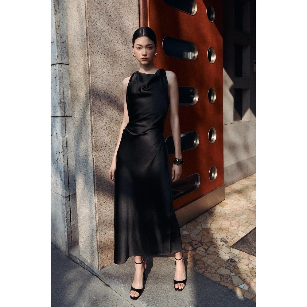 Zara Ruched Satin Midi Dress XL Black Sleeveless Slip Dress